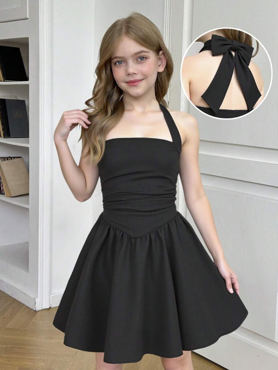 SHEIN Tween Girl Black Sleeveless A-Line Dress With Bow Neck