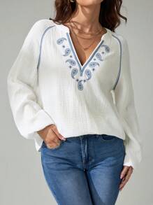 SHEIN Tall Chemisier casual/de vacances manches longues pour femmes avec col cranté et broderie