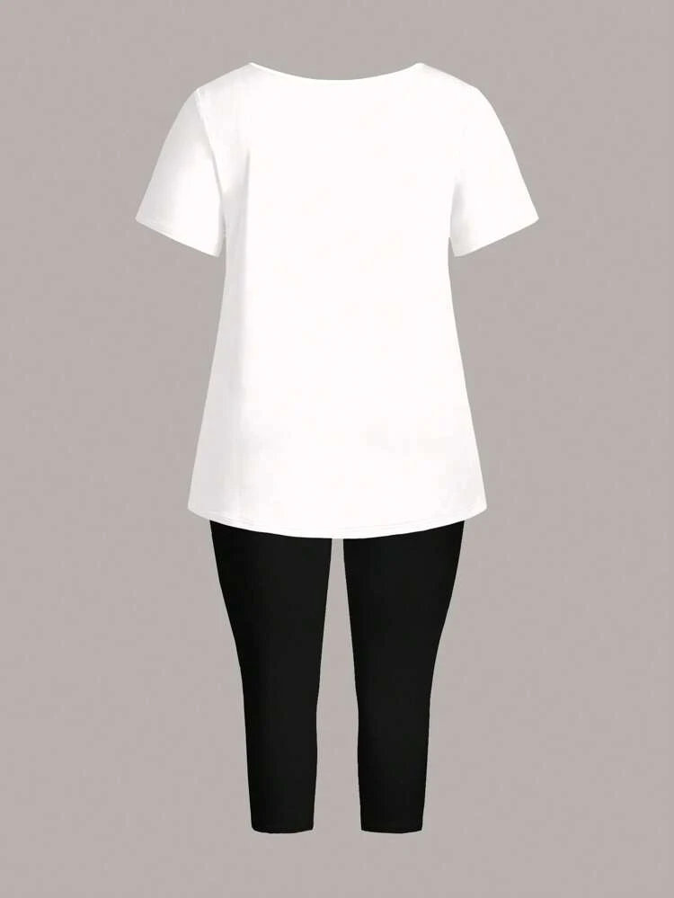 2pcs/Set Plus Size Women Bow Decor Print Round Neck Short Sleeve T-Shirt And 3/4 Length Pants,Country Concert Outfit,Boho Women Clothing,Summer Outfits For Women Suitable For Going Out