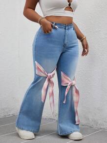 SHEIN SXY Plus Size Bow Patch Flare Jeans Summer For Women Festival Graduation Jeans - Blue - View 7