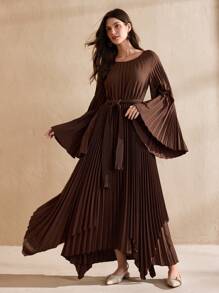 Graceveil Vestido elegante de estilo árabe modesto con cuello redondo, mangas plisadas y con vuelo, y bajo asimétrico, para primavera/verano - Marrón - Ver 6