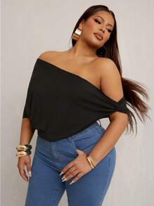 SHEIN X Phaith Montoya SHEIN SXY Blusa de hombros descubiertos elegante y sexy para mujer de talla grande, apta para uso diario - Negro - Ver 10