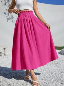 SHEIN Essnce Summer Women Clothes Casual A-Line Linen Midi Skirt For Summer Fits Beach High Waist Baggy - Hot Pink - View 4