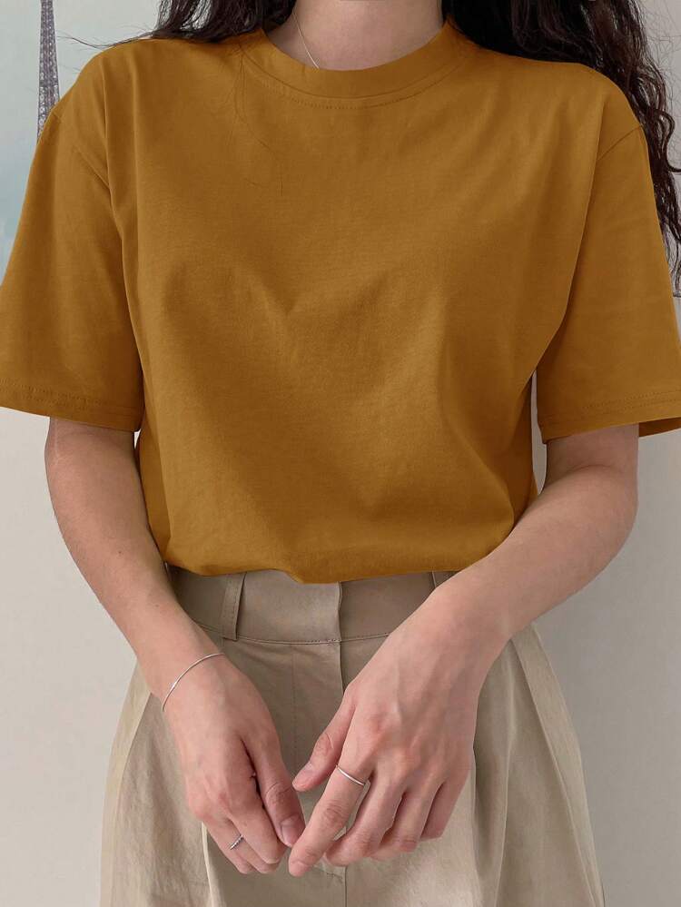 Women's Simple Solid Color Round Neck Breathable Short Sleeve T-Shirt, Summer Preppy Tops