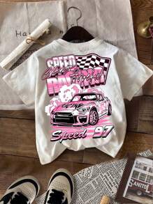 SHEIN 2-3件装复古休闲卡通汽车摩托车图案女童T恤，白色、黑色、粉色可选，夏季复古风，适合女孩、学生、校园、大学穿着。