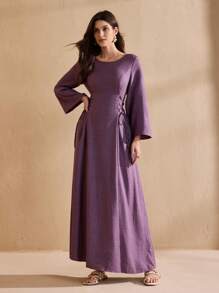 Graceveil Round Neck Solid Color Criss-Cross Tie Long Dress
