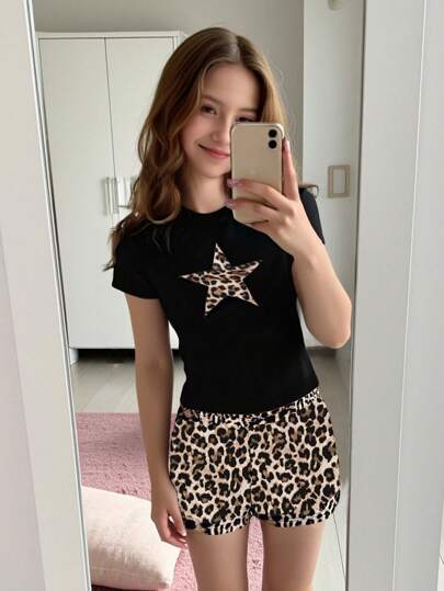 SHEIN Leap Crew 青少年女孩休闲简约五角星豹纹短袖短裤睡衣套装，舒适贴身，适合春夏季