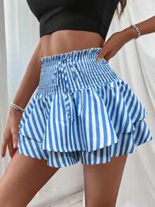 Zolique Striped Print Layered Hem Casual Summer Shorts - Multicolor - View 1