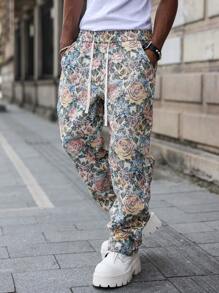 PAVTROS Manfinity Streetrush Men's Street-Style Casual Pants Inspired By INS Fashion , Featuring A High-Street Retro Floral Jacquard Texture. These Relaxed, Straight-Leg Pants Come With An Elastic Waistband, Perfect For Music Festivals, Tropical Vacations (Like In Hawaii), And Everyday Wear. They Also Make A Great Gift For A Boyfriend Or Husband. Men's Floral Print Elastic Waist Straight Leg Casual Pants , Flower Pants Men , Y2k Clothes Men Floral Print Elastic Waist Straight Leg Casual Pants , Flower Pants Men , Y2k Clothes Men - Green - View 5