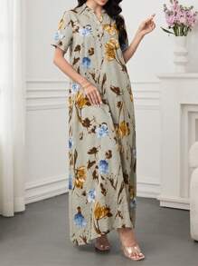 SHEIN Najma Floral Print Notched Neck Elegant Short Sleeve Arabic Dress - Grey - View 7