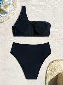 2pcs/Set New Style Contrast Color Solid Shoulder Strap Tankini & High Waist Swim Shorts, Casual Sports Women Bikini Set For Summer Beach Vacation