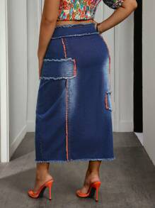SHEIN CURVE+ Váy Maxi Denim Thời Trang Cho Nữ Cỡ Lớn Thiết Kế Thắt Eo Viền Tua Rua - Màu xanh lam - Xem 2
