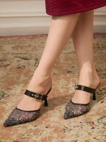 CUCCOO TILAWA Black Pointed Toe Glittery Mesh Panel Sexy High Heel Mule Pumps For Women - Black - View 8