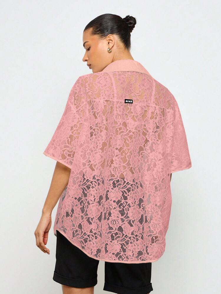 Lace Oversized Shirt And Satin Bra Black