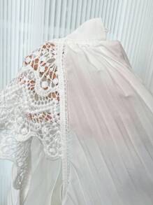 Elenzga 加大码宽松及膝白色连衣裙，袖子饰有蕾丝花边，褶饰细节，休闲浪漫海滨风格，适合春夏季 - 白色 - 查看 6