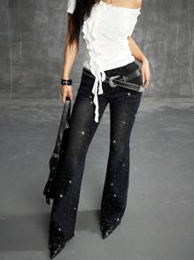 Coolane Women's Summer Concert Cowgirl Rave Western Wear Music Festival Y2K Party Rave Denim Rhinestone Low Rise Flare Jeans With Rhinestones, Night Out, Vintage, Streetwear, Fall Women Jeans - Black - View 5