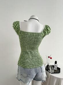 Sweetra 法式浪漫蕾丝拼布撞色格子短袖衬衫，夏季时尚小众修身女式衬衫 - 彩色 - 查看 2