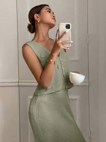 SHEIN Frenchy Bộ 2 áo len họa tiết hoa thanh lịch dành cho nữ khi đi làm vào mùa thu/đông - màu xanh lá - Xem 5