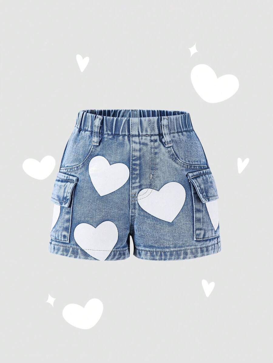 女婴夏季休闲心形印花牛仔短裤 - 淺色水洗藍 - 查看 1