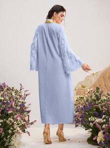 Al Najma 女式拼接丝带 V 领流苏设计宽松阿拉伯连衣裙，朴素长袍 - 藍色 - 查看 2