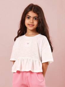 SUMWON T-shirt a peplum con motivo farfalla, maniche corte, top estivo casual in jersey, abbigliamento da gioco e rilassamento per ragazze, con volant sul fondo, ideale per il quotidiano