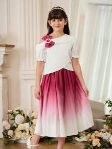 SHEIN 2pcs Girls Elegant Gradient Pleated Skirt & Bowknot Shoulder Top Sweet Outfit Set - Multicolor - View 4