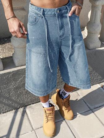 Street Life Herren Diamant-verzierte 3/4 Denim Shorts