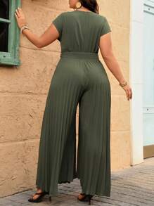 Vionelle 大码女式春夏优雅休闲商务连体裤，V 领，收腰，前扣开合，阔腿，宽松版型，短袖 - 軍綠色 - 查看 2