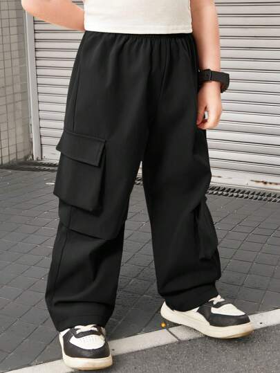 SHEIN 1入男童鬆綁緊密紋路實色工作口袋褲，休閒風格