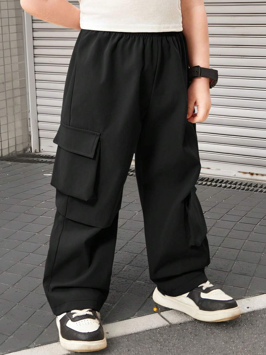 SHEIN 1pc Young Boys' Loose Weave Solid Color Workwear Pocket Pants, Casual,Kids