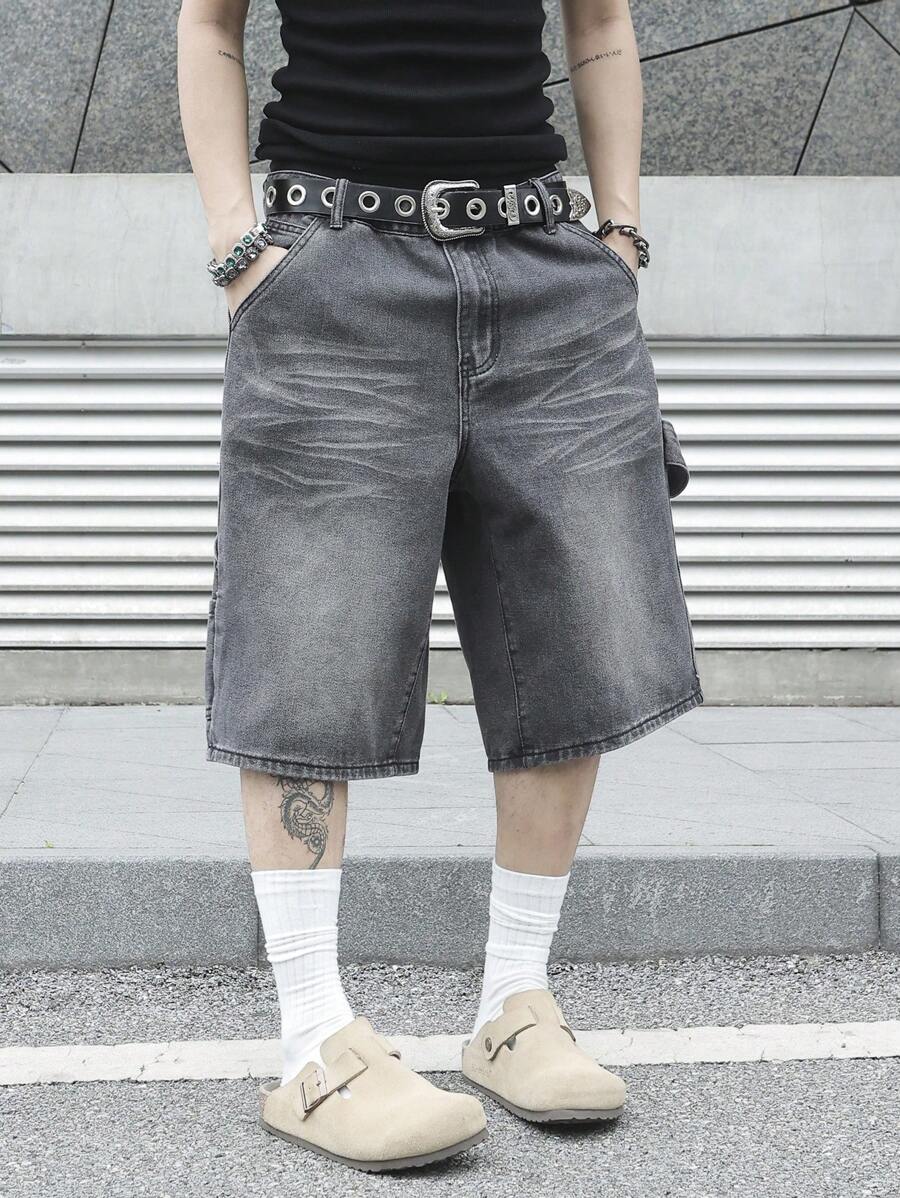 Manfinity EMRG 男士口袋设计纯色宽松休闲牛仔短裤 - 灰色 - 查看 1