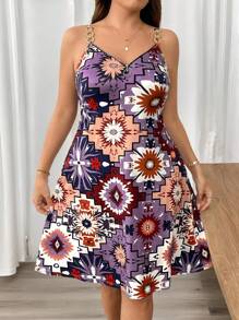 Breezaya Women Plus Size Casual Geometric Bohemian Print Slip Dress With Metal Chain, Loose A-Line Short Dress