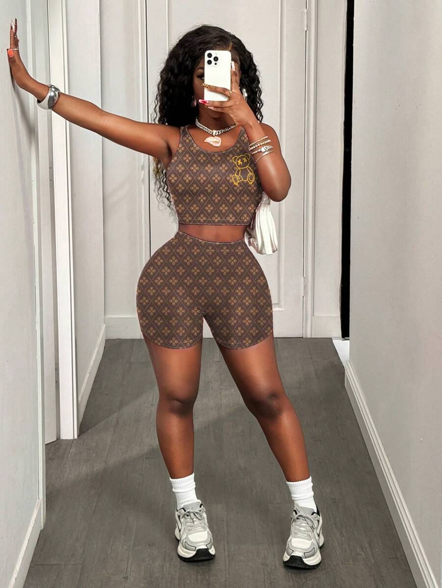 BamGleam 2件套女士碎花卡通熊印花夏季套装 - 彩色 - 查看 1