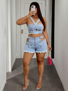 SHEIN SXY Plus Size Summer Sexy Hollow Out Tassel Hem Denim Shorts - Blue - View 7