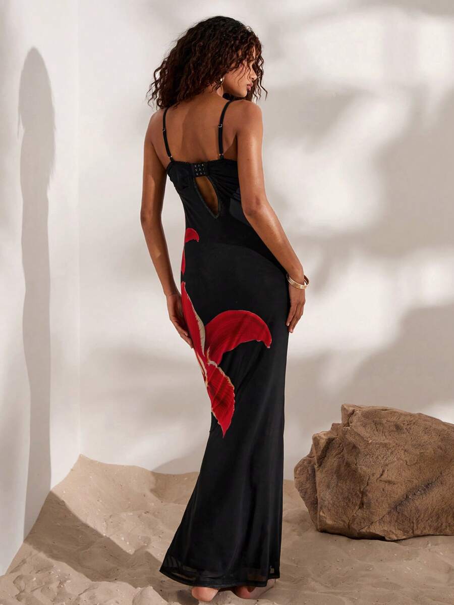 Opulessa Gaun Bodycon Bertali Tipis Bermotif Jala Rajut untuk Wanita - Hitam - View 1