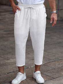 Manfinity RelaxMax Men's Solid Color Drawstring Waist Casual Pocket Straight Leg Pants , Textured Fabric, Suitable For Summer, Vacation, Daily, Party, Couple Matching, Men's Gift, Graduation Gift - White - View 3