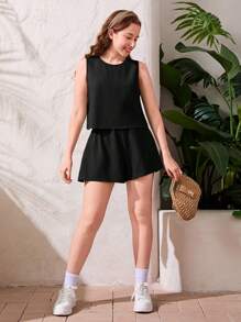 SHEIN Conjunto informal de 2 piezas para adolescente, de tela tejida de textura sólida sin mangas, para primavera/verano