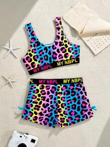 Tween Girl Summer Vacation Beach Leopard Print & Letter Trim Bikini Set Young Girl Summer Outfits Young Girls Sets Set Outfit For Girls Cute Sets For Girls Workout Sets For Girls - Multicolor - View 2