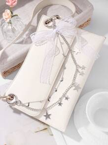 ROMWE Kawaii 1 pièce Pendentif coréen minimaliste élégant et polyvalent en argent de haute qualité avec chaîne à plusieurs couches, étoile et lune, breloque en dentelle blanche, DIY porte-clés, décorations de sac, convient pour les femmes, port quotidien et cadeau