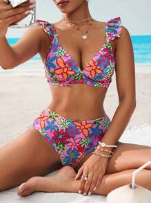 Swim Vcay Women's Floral Print With Ruffle Hem Bikini Set Sets, Suitable For Summer Beach Vacation