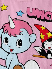Unico X SHEIN Young Girl Pink Crew Neck Short Sleeve Casual Cartoon Cute Pony Star Print T-Shirt