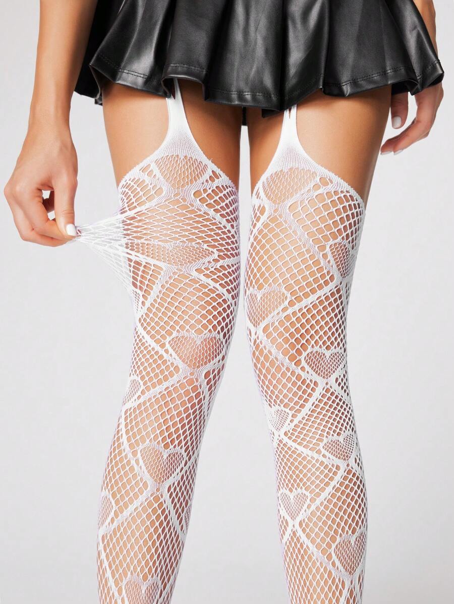 ROMWE Fairycore 1 Pair Women Heart Grid Pattern Fishnet Stockings, All-Season - White - View 1