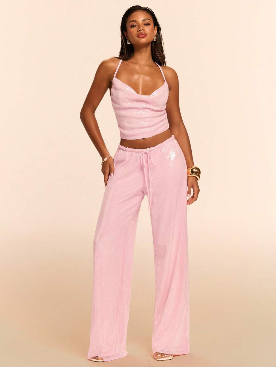 SHEIN BAE Women's Pink Sequin Extra Long Casual Pants With Drawstring Detail - Pink - View 1