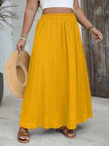 SHEIN VCAY Váy chữ A thường ngày cạp chun màu trơn cỡ lớn cho nữ, xẻ tà bên hông, dáng suông - Màu vàng - Xem 5