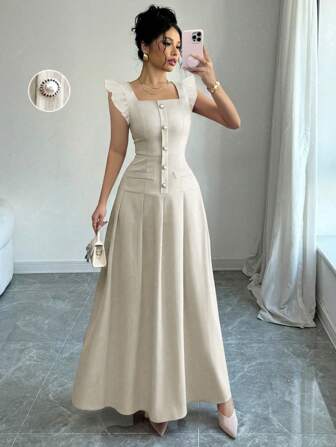 Chiquease Vestido largo elegante de estilo bohemio para verano, con cuello cuadrado, mangas acampanadas, cintura de línea A, plisado, bolsillos falsos, botones con perlas y cierre de cremallera, para mujeres