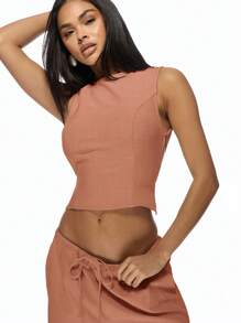 MISSGUIDED Summer Linen Feel Backless Co-Ord Set Wide Leg Palazzo Pants Crop Top Casual Beach Resort Festival Vacation Two Piece Outfit Loungewear Christmas - Red - View 5