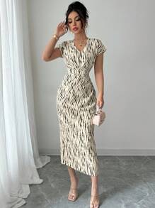 Elenzga 女士优雅仿古钱币印花休闲连衣裙，适合通勤和度假 - 杏色 - 查看 6