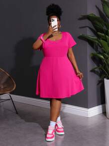 SHEIN CURVE+ Plus Size Elegant Casual Fuchsia Short Sleeve A-Line Mini Dress, Large U Neck, Suitable For Dates And Daily Wear, Summer, Curve Plus, Boho Vacation Beach Outfits For Woman/Beach Dress/Beach Vacation Outfits/Beach Essentials / Graduation/Tea Party Dress - Hot Pink - View 7