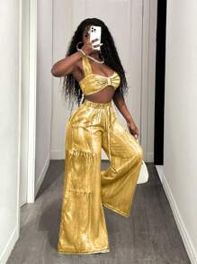 BamGleam Blue Denim Effect Casual Suit - Yellow - View 7