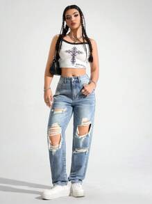 SHEIN EZwear 做旧酸洗直筒牛仔裤，适合日常休闲穿着 - 淺色水洗藍 - 查看 3